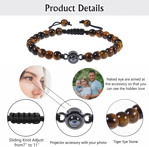 Vista 3 de Pulsera personalizada con imagen en el interior, pulsera de proyección de fotos, pulsera de cuentas de piedra de lava de piedra, regalos