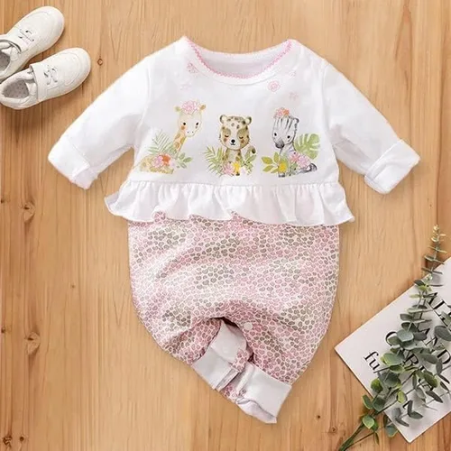 Vista 2 de Linda jirafa + cebra con estampado floral de manga larga para bebé niña, mono blanco para mameluco de una pieza