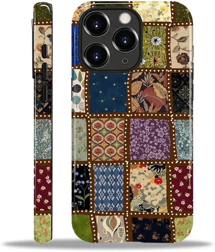 Vista 148 de Funda para iPhone 11, resistente híbrida 2 en 1, protección completa contra golpes con acabado brillante, diseño de collage de tela a cuadros