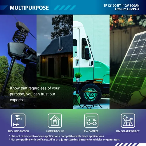 Vista 4 de ExpertPower Batería recargable de ciclo profundo LiFePO4 de litio de 12 V 100 Ah Bluetooth 2500-7000 ciclos de vida y vida útil de 10 años BMS