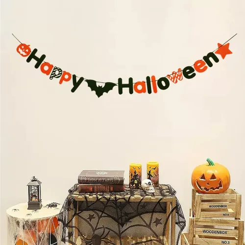 Vista 6 de JSDJ Cartel de Feliz Halloween, guirnalda de fieltro con decoraciones de calabaza araña, suministros de fiesta para uso en interiores, pared
