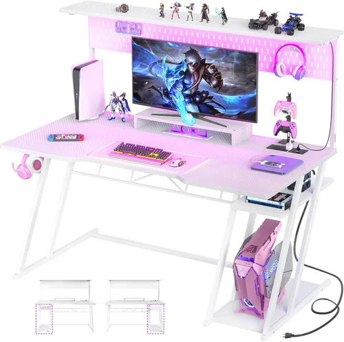 Vista 11 de Escritorio para computadora de juegos Armocity con estantes y tomas de corriente, escritorio de juegos con alacena y luces LED, escritorios