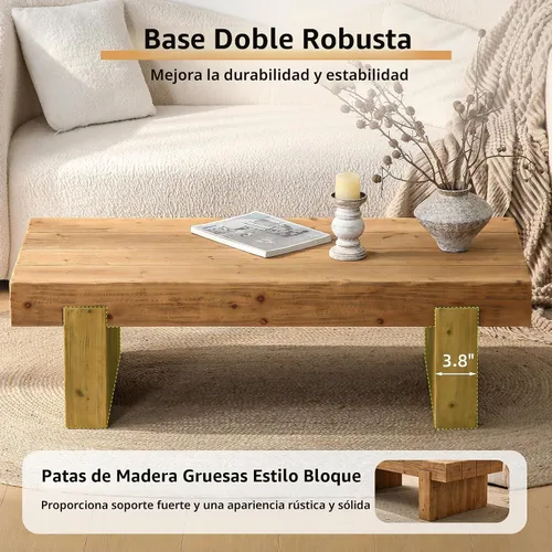 Vista 3 de SSLine Mesa de Centro de Madera Maciza de 47.6 Pulgadas Mesa de Centro Rectangular para Sala de Estar, Mesas de Centro de Cóctel Estilo Granja