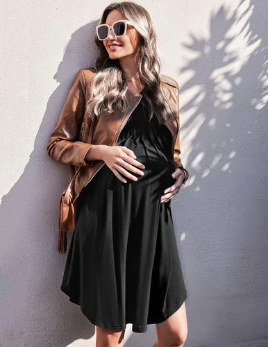 Vista 4 de Ekouaer 3 en 1 camisón de lactancia de maternidad vestido de hospitalparto vestido de hospital de manga acampanada plisado vestido de lactancia