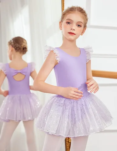 Vista 2 de Zaclotre Leotardos de ballet de manga con vuelo para niñas con falda tutú, vestido de baile con lazo en la espalda, trajes de bailarina brillantes