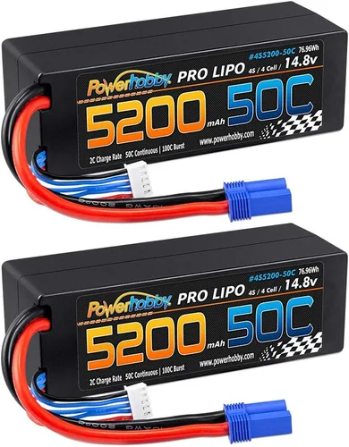 Vista 3 de Powerhobby 4S 14.8V 5200mAh 50C Lipo - Estuche rígido con batería de 4 celdas con enchufe EC5, paquete de 2