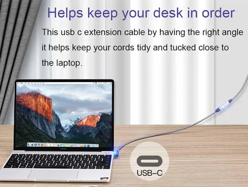 Vista 6 de Cable de extensión USB C de 90 grados, 6.6 pies de largo, adaptador de ángulo recto tipo C hembra macho, Awnuwuy USB 3.1 Gen 2 cable extensor