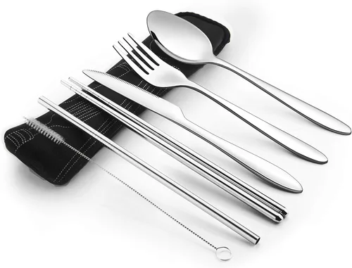 Vista 9 de Set de 4 unidades (cuchillo, tenedor, cuchara, palillos) para Viajes/Camping –Cubertería de acero inoxidable con funda de neopreno