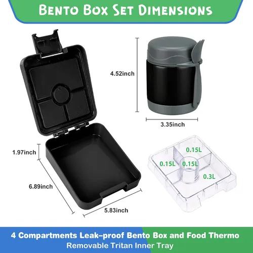 Vista 5 de Pawtong Set de Loncheras Bento con Termo para Sopa de 10oz, loncheras a prueba de fugas con 4 compartimentos, termo para alimentos calientes