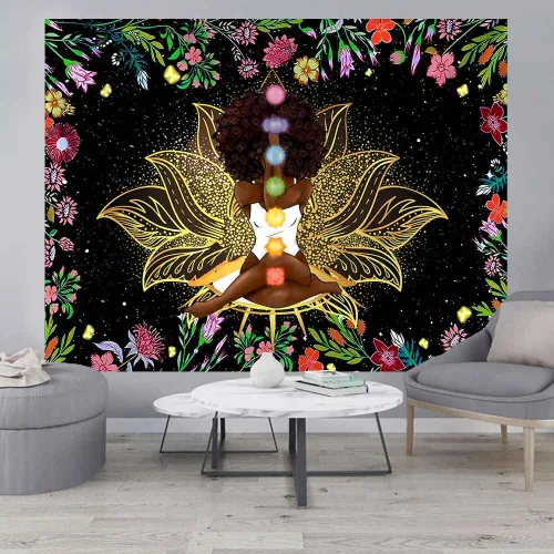 Vista 9 de Ine Ive Tapiz de chakra africano, mujer afroamericana, tapices de meditación zen, 40 x 30 pulgadas, cielo estrellado, flores, jardín, inspirador