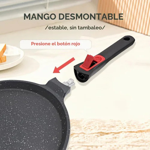 Vista 3 de RANX INGST Sartén antiadherente para crepas con mango desmontable, sartén para tortillas Dosa Tawa de aluminio fundido de 10 pulgadas, compatible