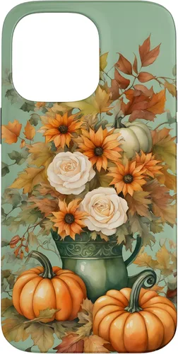Vista 21 de Vintage Autumn Flower Fall Pumpkin Teal Case for iPhone 17