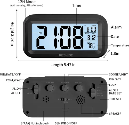 Vista 2 de Reloj despertador digital a pilas con temperatura interior, reloj pequeño de escritorio, modelo de repetición, pantalla de 12/24 horas para Negro