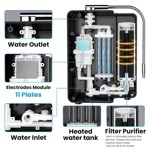 Vista 7 de Máquina ionizadora de agua alcalina para el hogar, 11 placas de titanio, máquina de agua alcalina, purificador de agua ácido pH 4-10.5, filtro