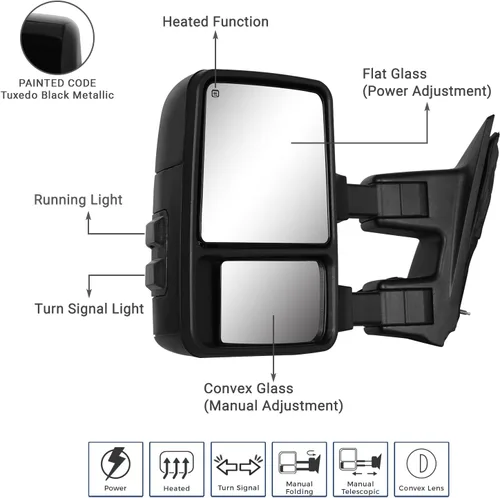 Vista 2 de Espejos de remolque compatibles con Ford F250, F350, F450, F550 1999-2016, Super Duty, con calefacción eléctrica, LED, pintados en negro