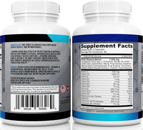 Vista 7 de L-Arginina Cardio Complete Fórmula de Apoyo de Óxido Nítrico, 180 Cápsulas L-arginine formula created to support nitric oxide production