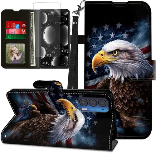 Vista 246 de Funda para Motorola Edge 2022 con protector de pantalla, soporte y tarjetero y correa para la muñeca, funda magnética para Moto Edge 2022 5G UW Lobo