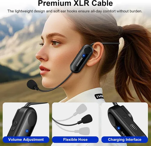 Vista 3 de Aokeo Auriculares de micrófono inalámbrico, sistema de micrófono inalámbrico UHF, rango de 160 pies