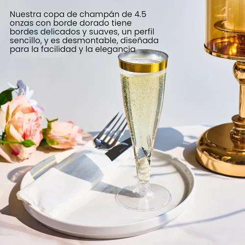 Vista 4 de FOCUSLINE Paquete de 100 Copas de Champán de Plástico, Copas de Champán de Plástico con Borde Dorado de 4.5 Onzas, Copas Transparentes Desechables
