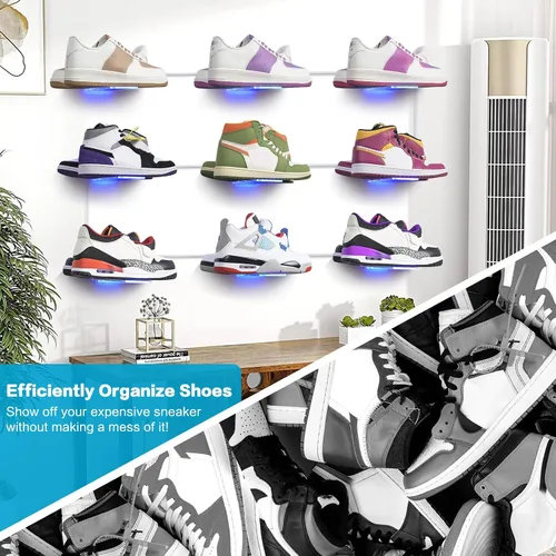 Vista 5 de DILIBRA Paquete de 12 estantes flotantes de exhibición de zapatos con luces, estantes de exhibición de zapatos que cambian de color brillante