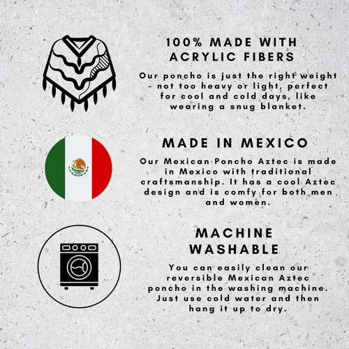 Vista 3 de Poncho mexicano azteca para hombres y mujeres Manta reversible Cobija para fiestas, exteriores, senderismo y campamento