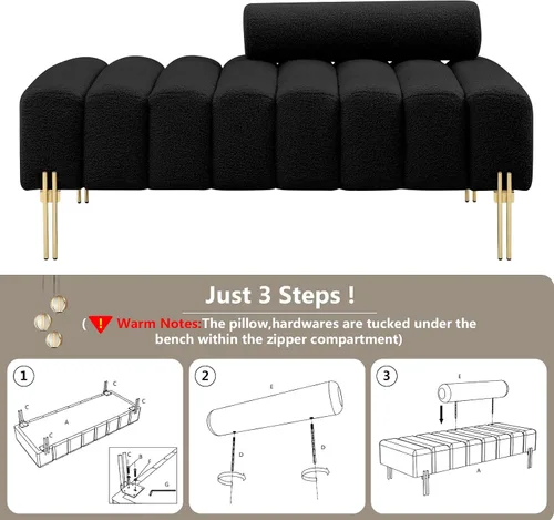 Vista 5 de Setawix Banco otomano de tela de peluche, extremo de la cama, canal, copetudo, para dormitorio, ventana, bancos de entrada, rectangular, de sherpa