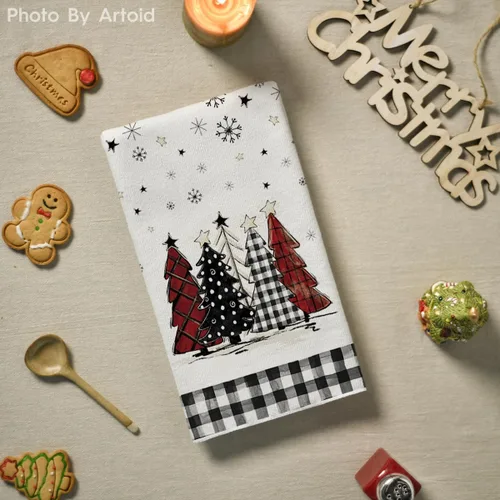 Vista 4 de Artoid Mode Toallas de cocina con estampado de búfalo de Merry Christmas, toallas de cocina de invierno con árboles de Navidad y estrellas, toallas