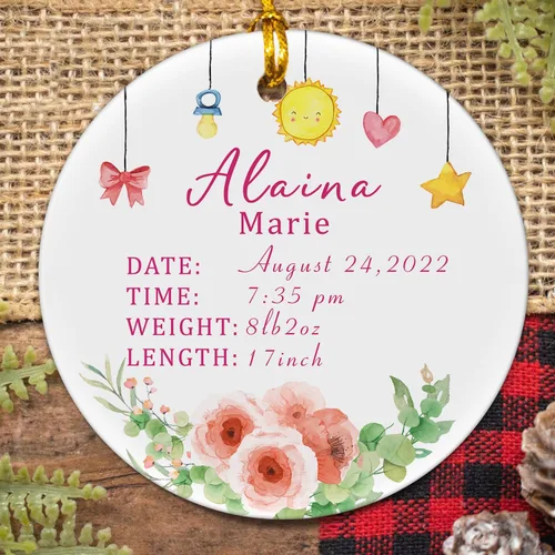 Vista 2 de Adorno personalizado de primera Navidad para bebé con nombre, personaliza la fecha de nacimiento de tu bebé, hora de nacimiento, peso y altura, bebé