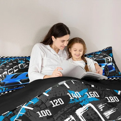 Vista 6 de Feelyou Juego de edredón azul de carreras para niños, juego de ropa de cama de coche deportivo para niños y niños, edredón deportivo geométrico a