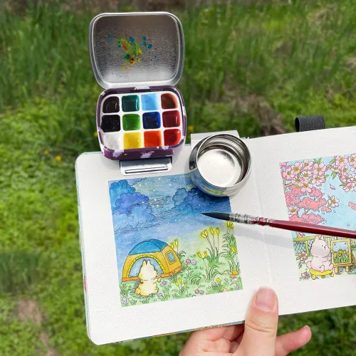 Vista 5 de Caja de estuche de acuarela portátil de mini lata de 12 pozos vacía con bandeja de mezcla de pintura es un pequeño kit de almacenamiento para viajes