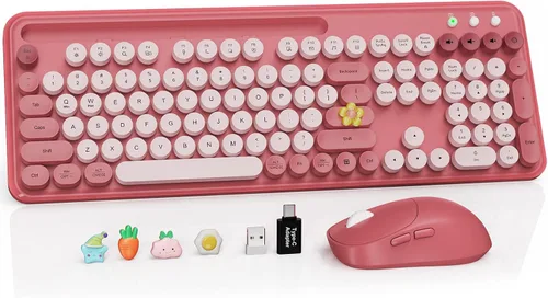 Vista 11 de Combo de teclado y mouse inalámbricos, teclado retro con teclas redondas, teclado estilo máquina de escribir de tamaño completo con reposamuñecas