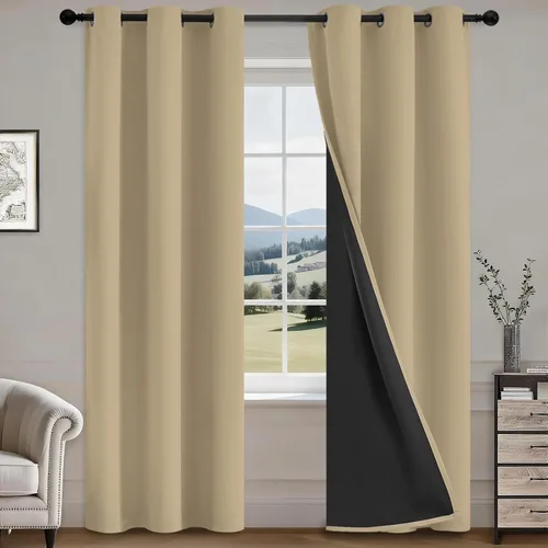 Vista 36 de COSVIYA Cortinas opacas 100% beige Biscotti para dormitorio, juego de 2 paneles de 63 pulgadas de largo, bloqueo de luz completa, aislamiento