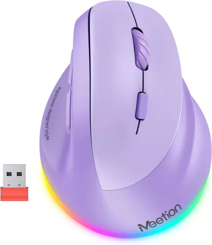 Vista 17 de MEETION Ratón ergonómico para zurdos, ratón inalámbrico vertical RGB recargable, Bluetooth (5.2 + 3.0) y USB-A con adaptador USB-C, 4 DPI