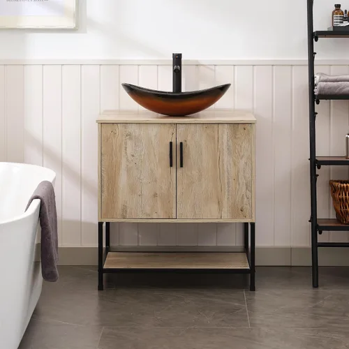 Vista 29 de UEV Juego de tocador de baño antiguo de 24 pulgadas, color marrón oscuro con lavabo, armario de baño de madera de hierro con grifo de temperatura
