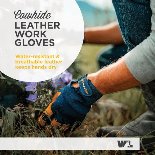 Vista 2 de Wells Lamont Guantes de trabajo de palma de cuero para hombre – HydraHyde cuero resistente al agua, espalda de elastano flexible, cierre ajustable