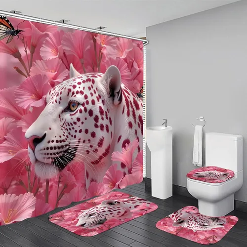 Vista 16 de Juego de 4 cortinas de ducha con diseño de rosa azul y leopardo con alfombras, tapa de inodoro y tapete de baño, cortina de ducha azul con 12