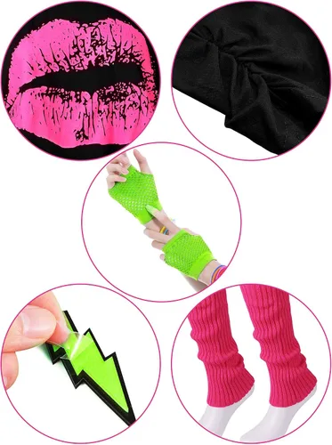 Vista 3 de Blulu 80s Costume Accessories for Women Halloween Outfit Dress Neon Leg Warmers Fishnet Gloves T-shirt Tutu Headband