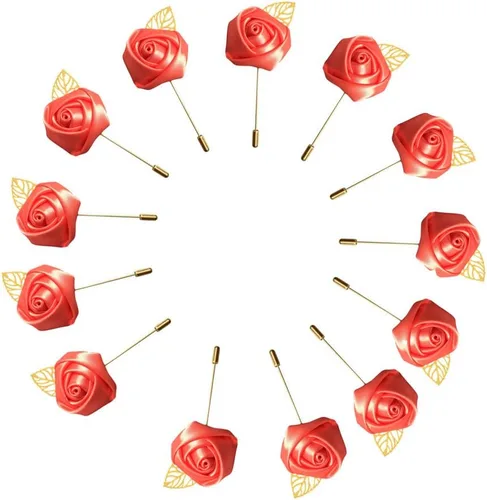 Vista 13 de 12 unids/lote Novio Boutonniere boda seda rosa (1.4 in) flores accesorios Prom Pin hombre traje decoración azul