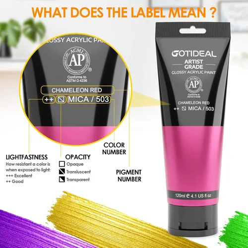 Vista 2 de GOTIDEAL - Pintura acrílica iridiscente, rojo camaleón, de 4.1 oz, no tóxicas, no se decoloran; ricos pigmentos para artistas adultos y niños