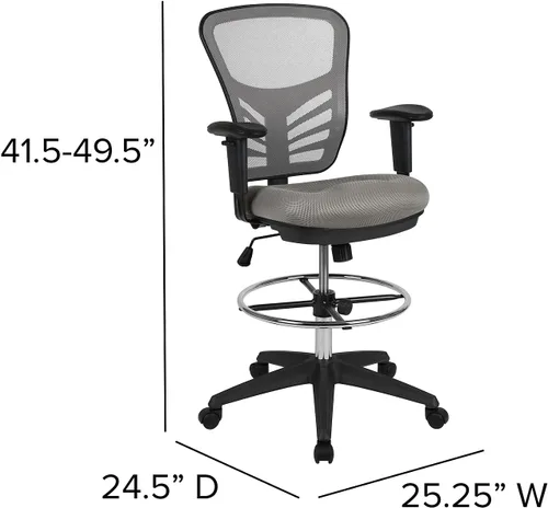 Vista 3 de Flash Furniture Silla de dibujo ergonómica de malla gris claro con anillo de pie cromado ajustable, brazos ajustables y marco negro Malla gris