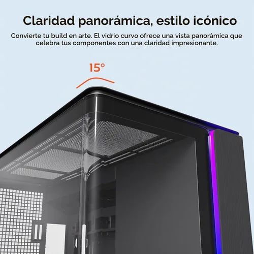 Vista 2 de Chasis para PC Montech King 15 Micro-ATX, vidrio panorámico curvo, enfriamiento de flujo de aire tipo chimenea, diseño de cámara dual, soporte