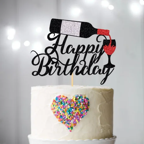 Vista 5 de Decoración para pastel de cumpleaños con texto en inglés «Happy Birthday» de vino tinto para celebrar suministros de fiesta de cumpleaños