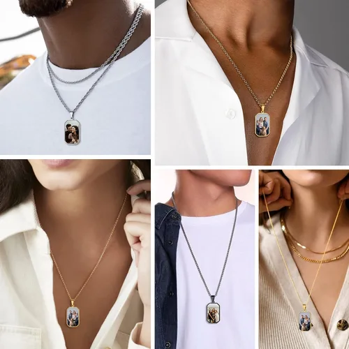 Vista 2 de Bestyle Collares de fotos personalizados (mejorados, más vívidos y claros) para hombres y mujeres, etiqueta de corazónmilitarcolgante de etiqueta