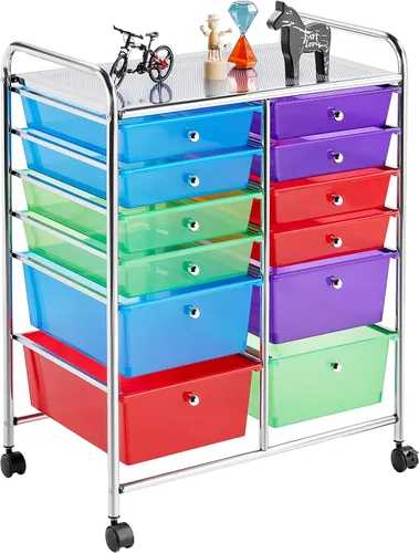 Vista 14 de Topeakmart Organizador de carrito con ruedas de 12 cajones, cajones de almacenamiento de plástico, carrito utilitario, 360 ruedas, color negro