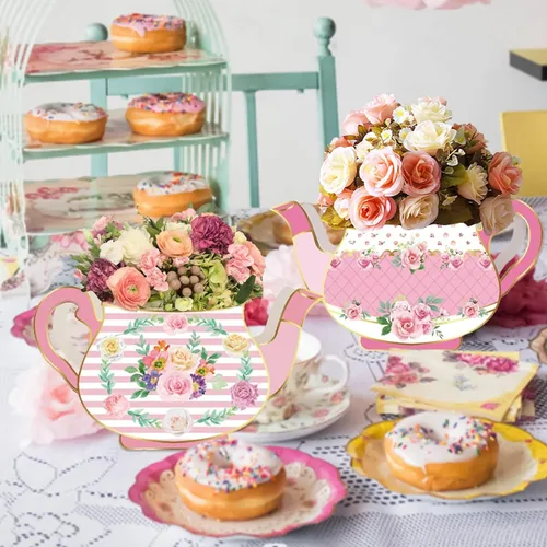 Vista 4 de 8 piezas de decoración de fiesta de té, cajas de centro de mesa de tetera floral para fiesta de cumpleaños de princesa, decoración de mesa temática