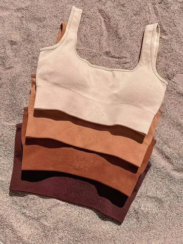 Vista 6 de OQQ Conjunto deportivo de 3 piezas para mujer, acanalado, sin costuras, cuello redondo, brasier deportivo con un hombro, cintura alta, leggings