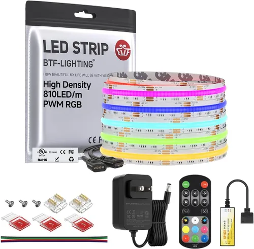 Vista 18 de BTF-LIGHTING FCOB COB - Tira de luz LED RGB con certificación UL, 810 LEDs/m de alta densidad flexible que cambia de color, DC12V 9.8 pies y 0.394