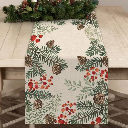 Vista 6 de Seliem Camino de Mesa de Rama de Aguja de Piña de Pino de Invierno con Bayas, Bufanda de Mesa Botánica de Acuarela, Decoración de Plantas para Hogar
