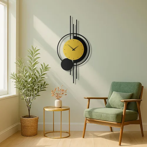 Vista 2 de pluviart Reloj de pared geométrico dorado y negro, reloj de metal silencioso grande, arte de pared moderno de mediados de siglo para sala de estar