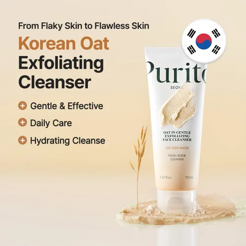 Vista 3 de Purito Limpiador facial exfoliante de avena, lavado facial diario hidratante con arcilla exfoliante suave que minimiza los poros, pantenol, agua
